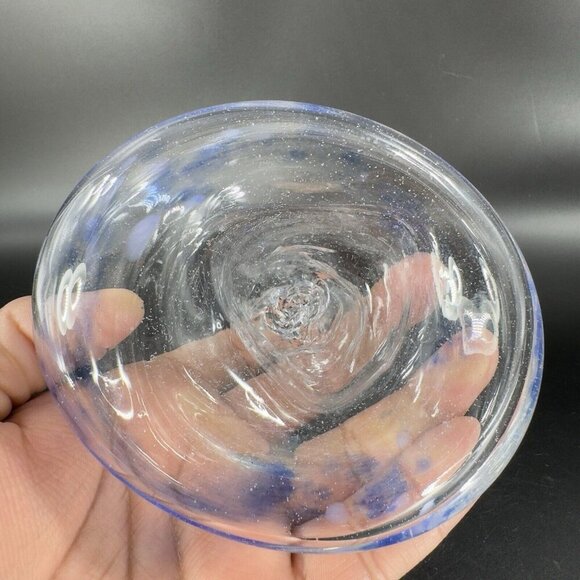 Vintage Hand Blown Art Glass Dish Bowl Clear With Blue Spots Hand Made Glass VTG - Picture 9 of 16